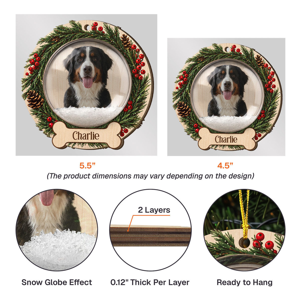 Custom Photo Pet Christmas Memorial, Dog Cat Christmas Photo Snow Globle Ornament, Pet Portrait Custom Name Bauble - Personalized Ornament