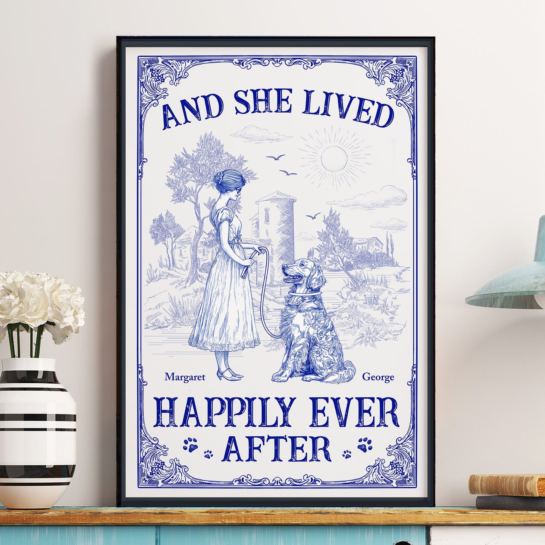 And She Lived Happily Ever After Dog Toile De Jouy - Personalized Poster