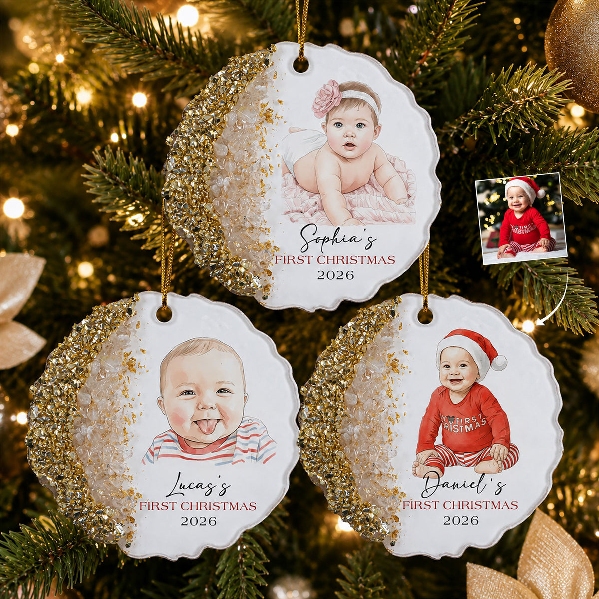 Baby First Christmas Custom Photo Watercolor Style Milestone Keepsake - Personalized Resin Ornament