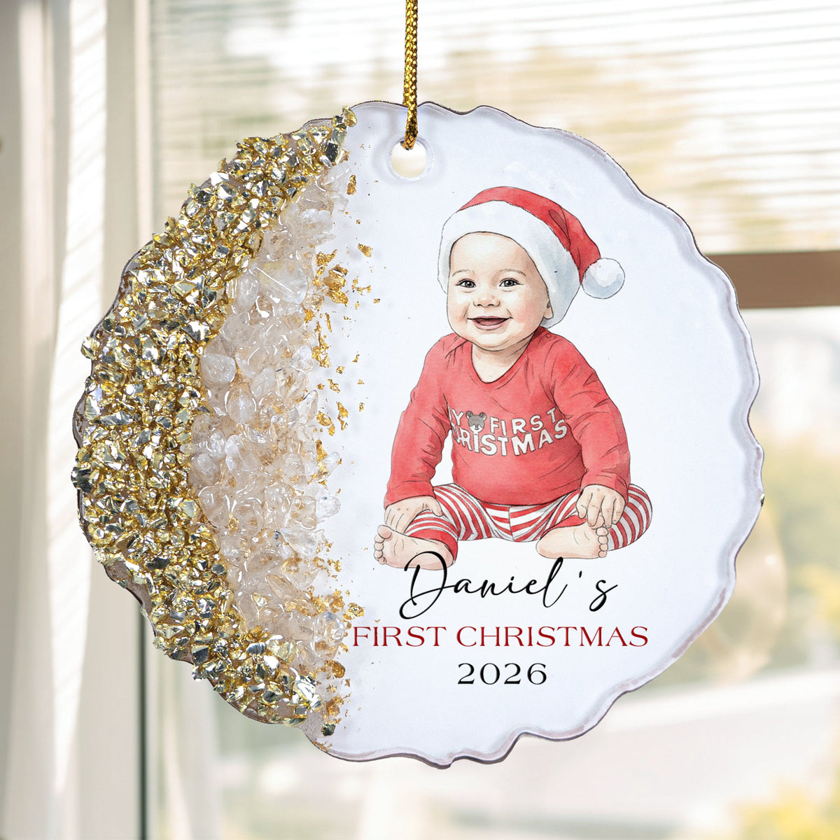 Baby First Christmas Custom Photo Watercolor Style Milestone Keepsake - Personalized Resin Ornament