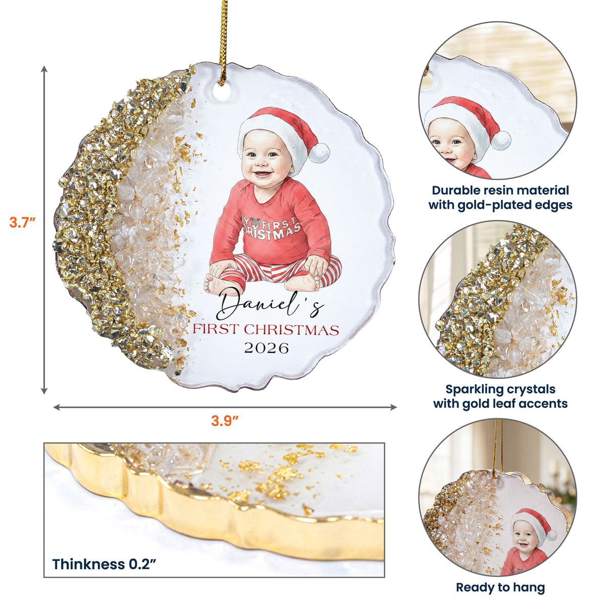 Baby First Christmas Custom Photo Watercolor Style Milestone Keepsake - Personalized Resin Ornament