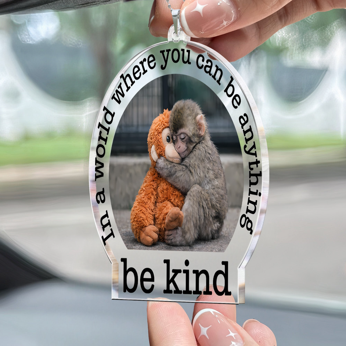 Baby Punch Monkey - Be Kind, Punch The Abandoned Baby Monkey Gift For Animal Lover - Rear View Mirror Accessory