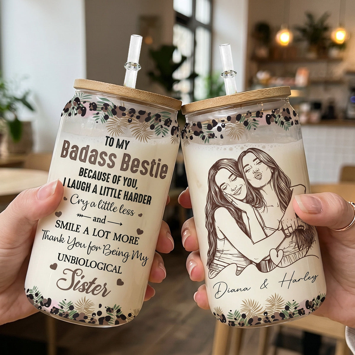 Because Of You I Laugh A Little Harder Friendship - Turn Your Photo Into Art - Personalized Glass Cup