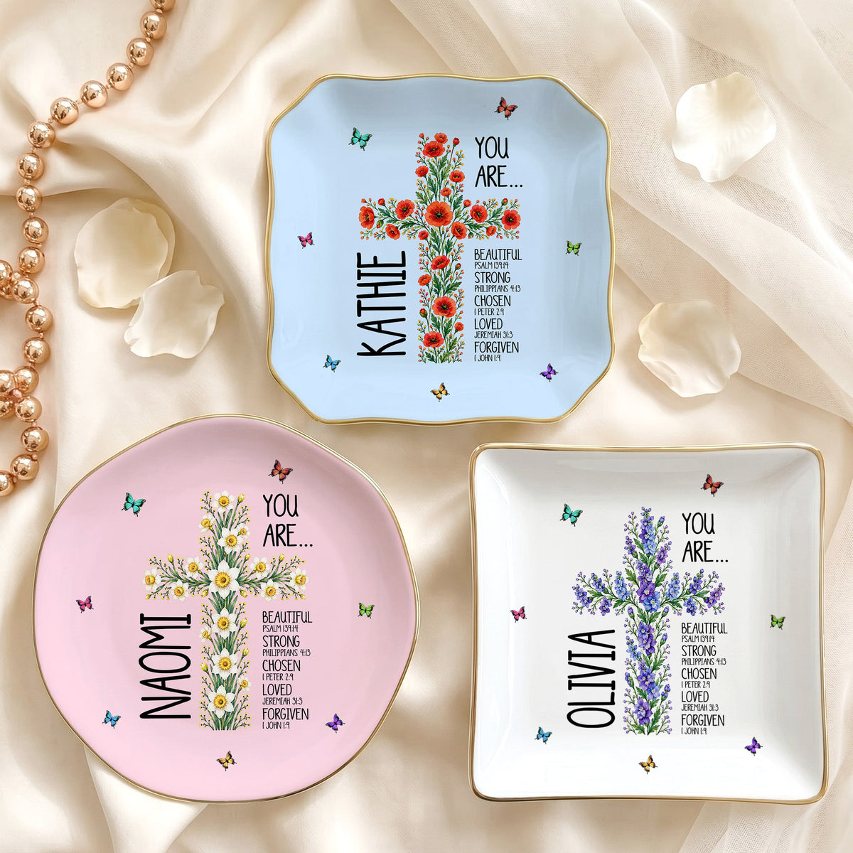 Birth Flower Cross You Are Bible Verse Affirmations - Personalized Jewelry Dish