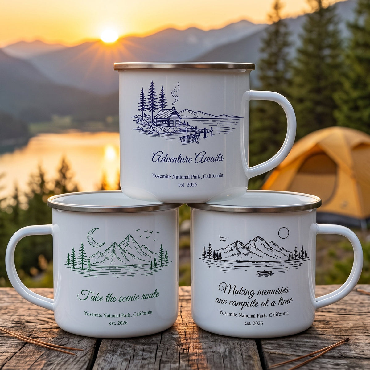 Camping Mug, Family Travel, Friends Trip, Camper Adventure Enamel Mug - Personalized Mugs