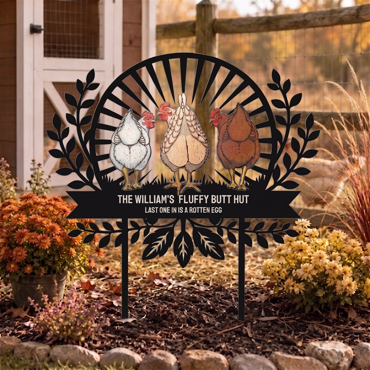 Chicken Sign Fluffy Butt Hut Last One In Is A Rotten Egg - Personalized Garden Stake