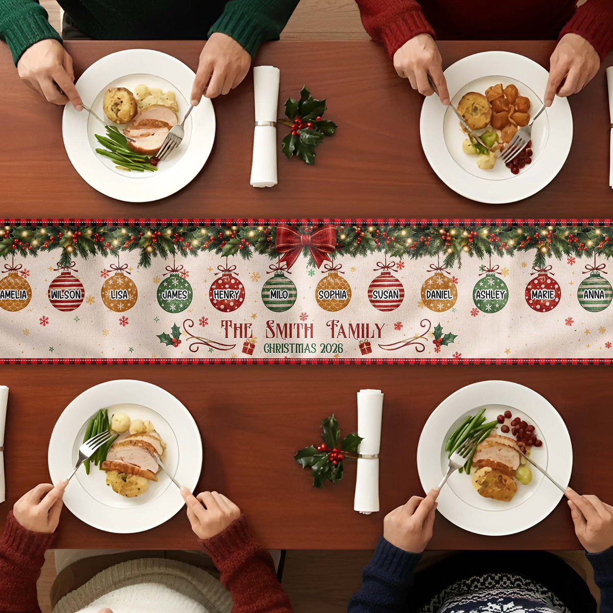 Christmas Together - Custom Family Name, Baubles Xmas Theme - Personalized Table Runner