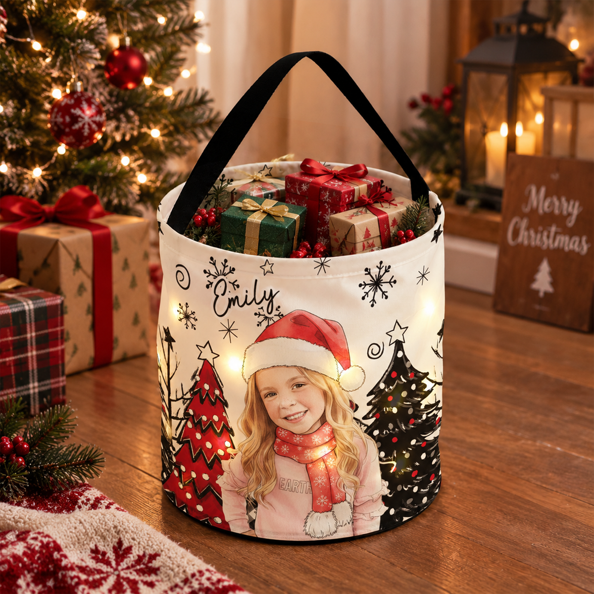 Christmas Basket Custom Photo Watercolor Art Gifts For Kids - Personalized Basket
