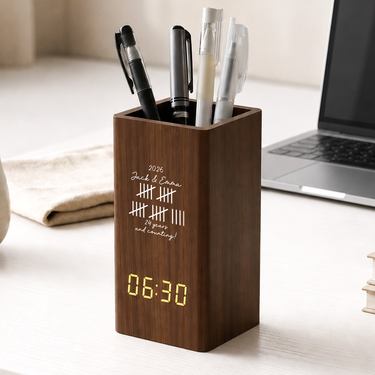 Custom Couple Anniversary Gifts For Husband - Personalized Pen Holder With Clock