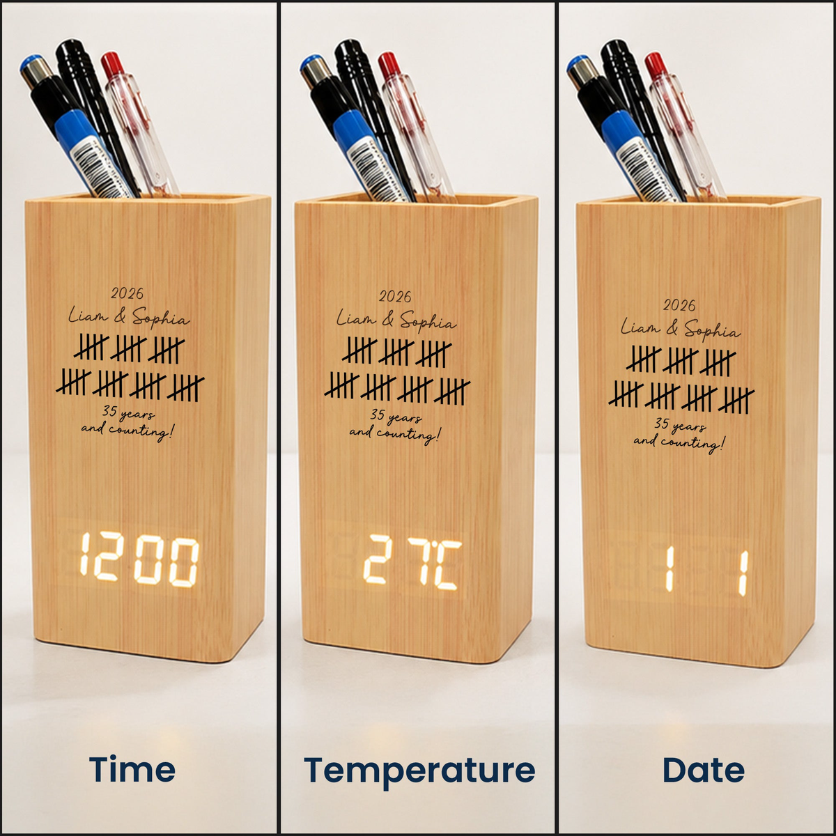 Custom Couple Anniversary Gifts For Husband - Personalized Pen Holder With Clock