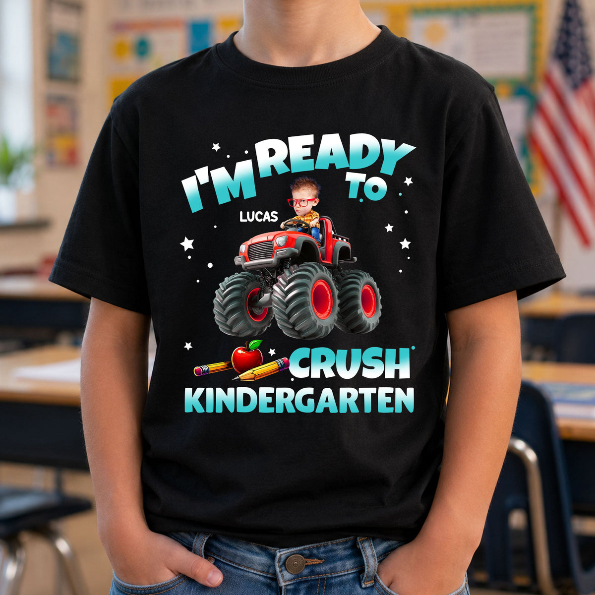 Custom Face Kid Riding Monster Truck Back To School - Personalized Shirt