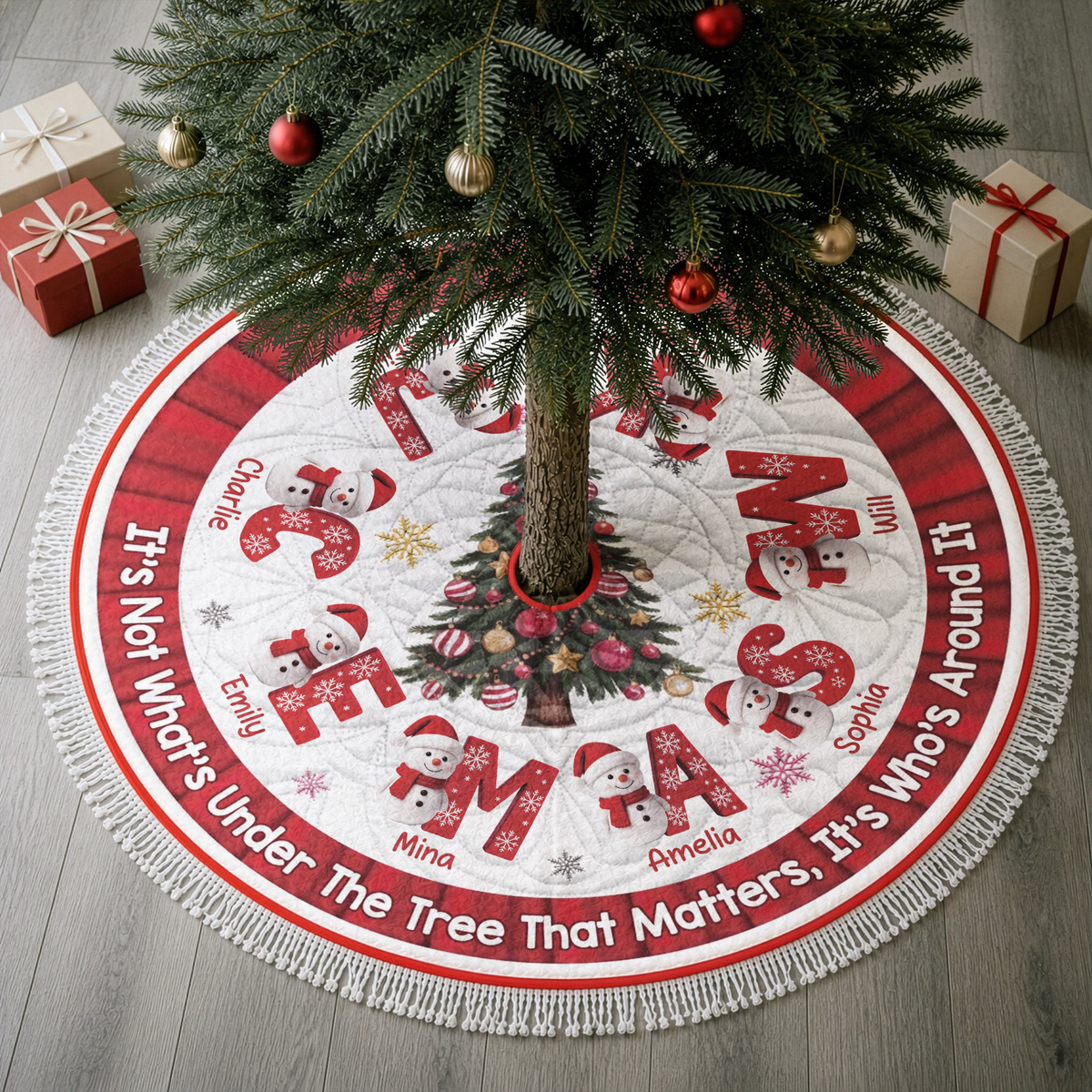 Custom Family Name Snowman Christmas Tree Decoration - Personalized Tree Skirt