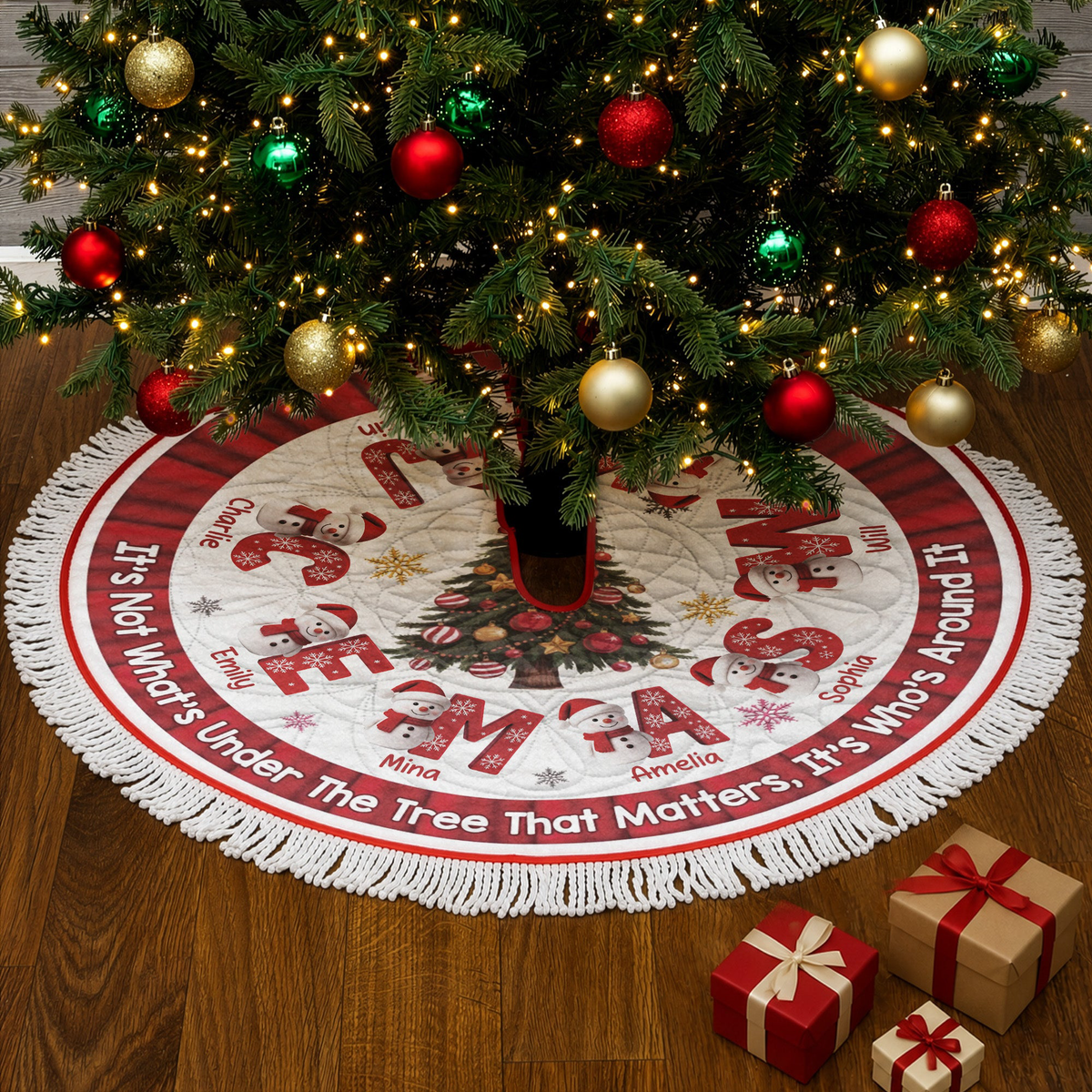 Custom Family Name Snowman Christmas Tree Decoration - Personalized Tree Skirt