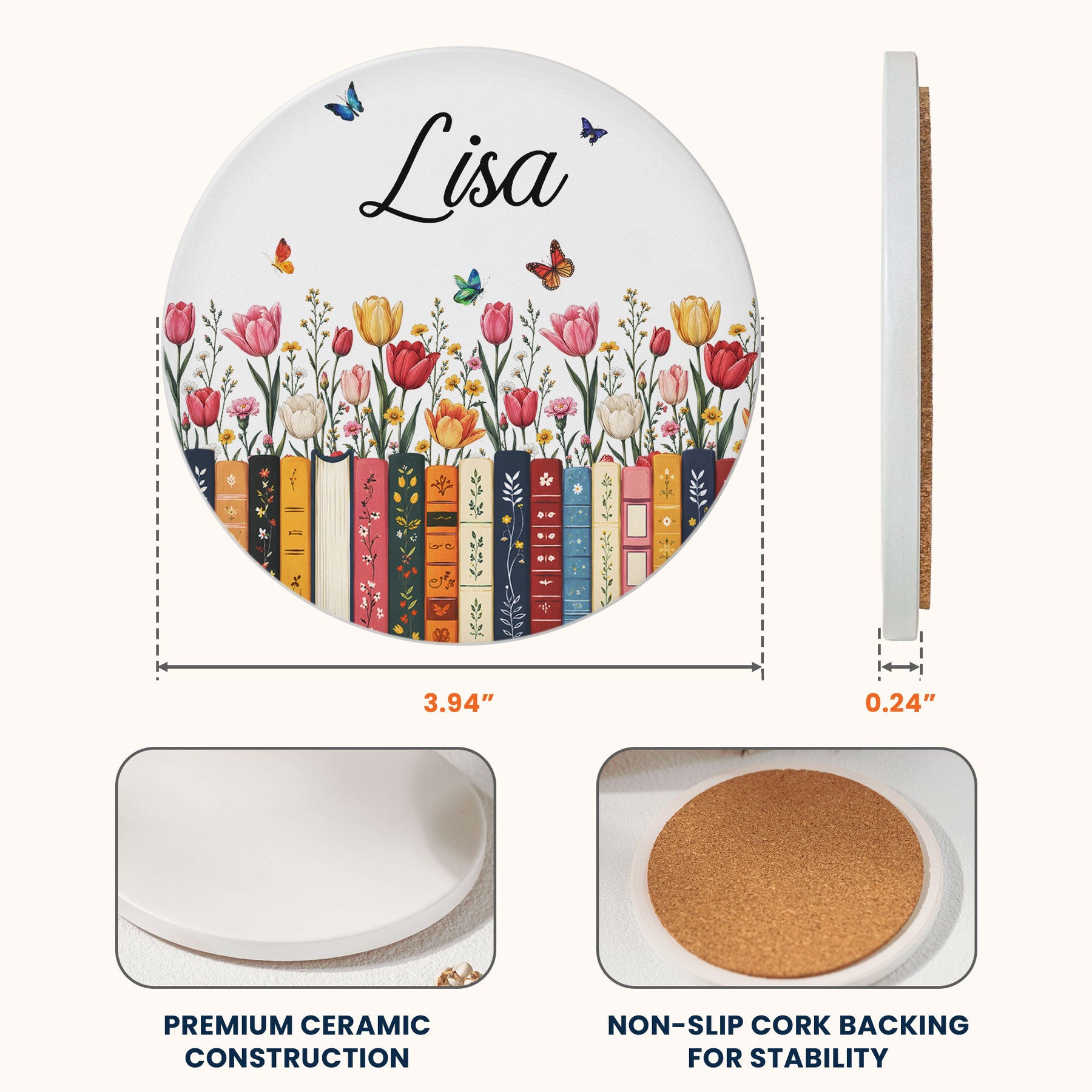 Custom Name & Birthflower For Book Lovers - Personalized Coaster