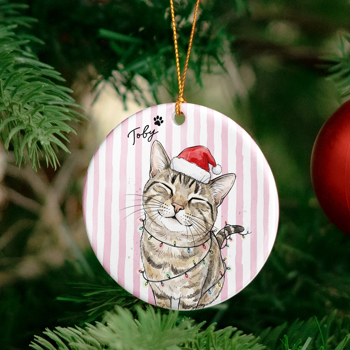 Custom Pet Christmas Watercolor Striped Pattern - Personalized Ornament