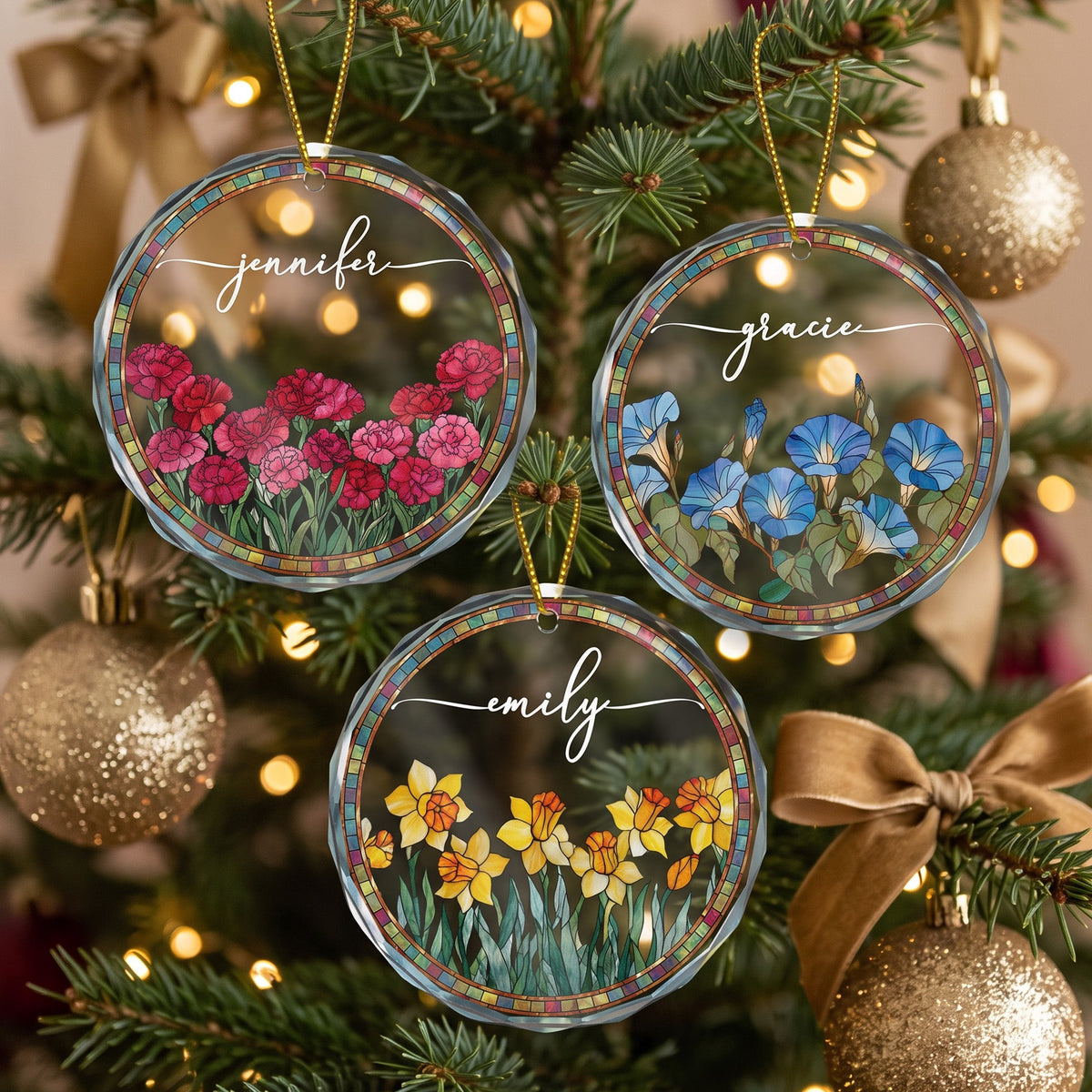 Custom Birth Flower & Name Christmas Gift For Family, Mom, Sister, Friends - Personalized Ornament