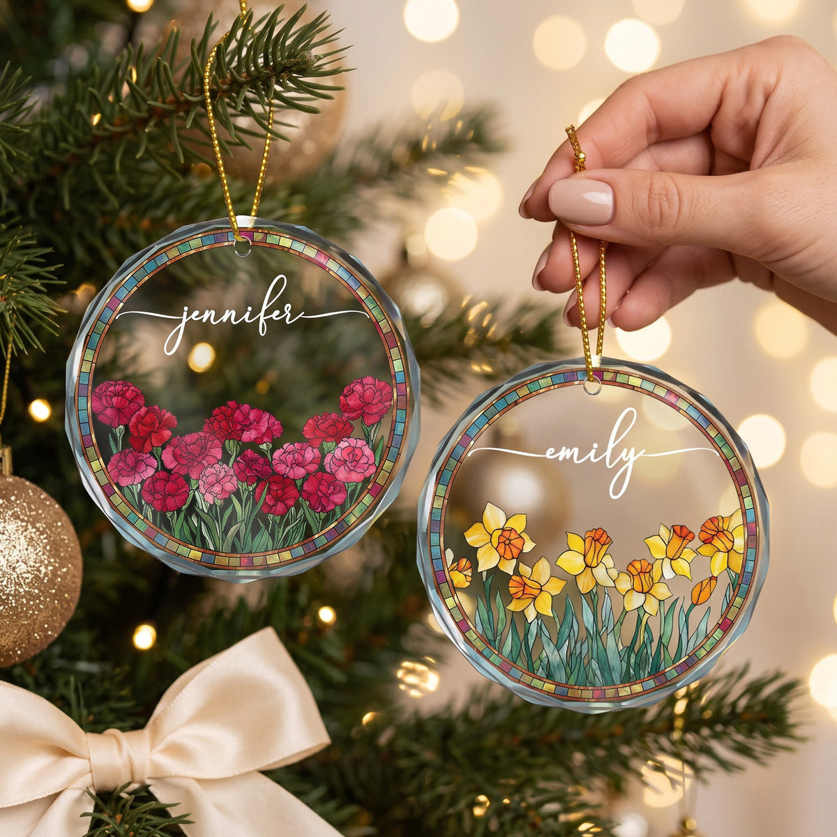 Custom Birth Flower & Name Christmas Gift For Family, Mom, Sister, Friends - Personalized Ornament
