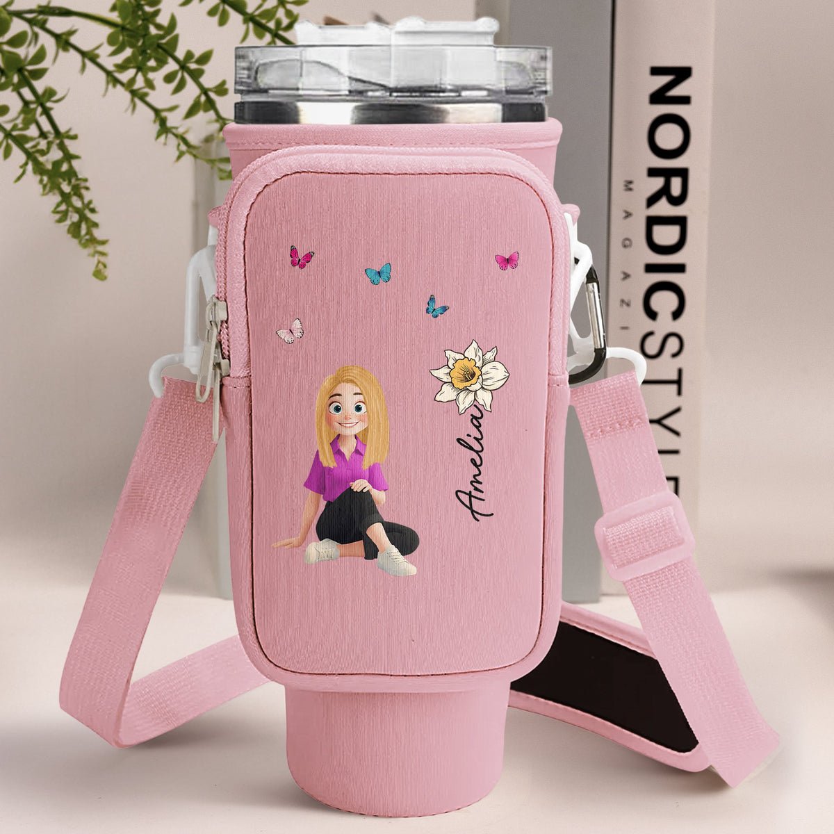 Custom Birth Flower, Name & Cute Character For Her - Custom Water Bottle Carrier Bag
