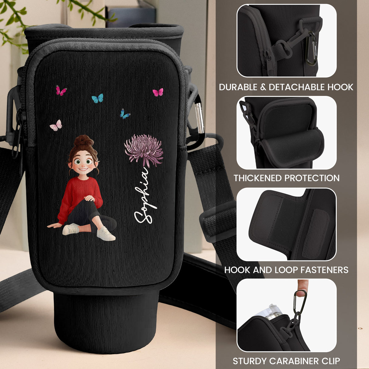 Custom Birth Flower, Name & Cute Character For Her - Custom Water Bottle Carrier Bag