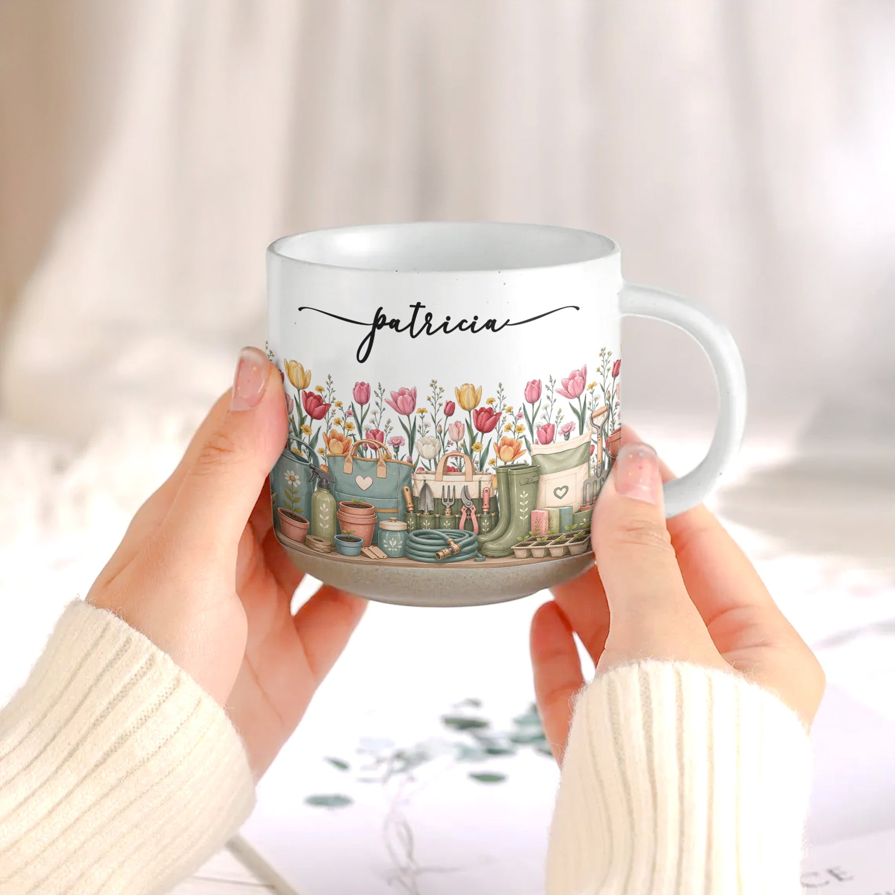 Custom Birth Flower & Name Pottery Mug - Gift For Gardener - Personalized Mug