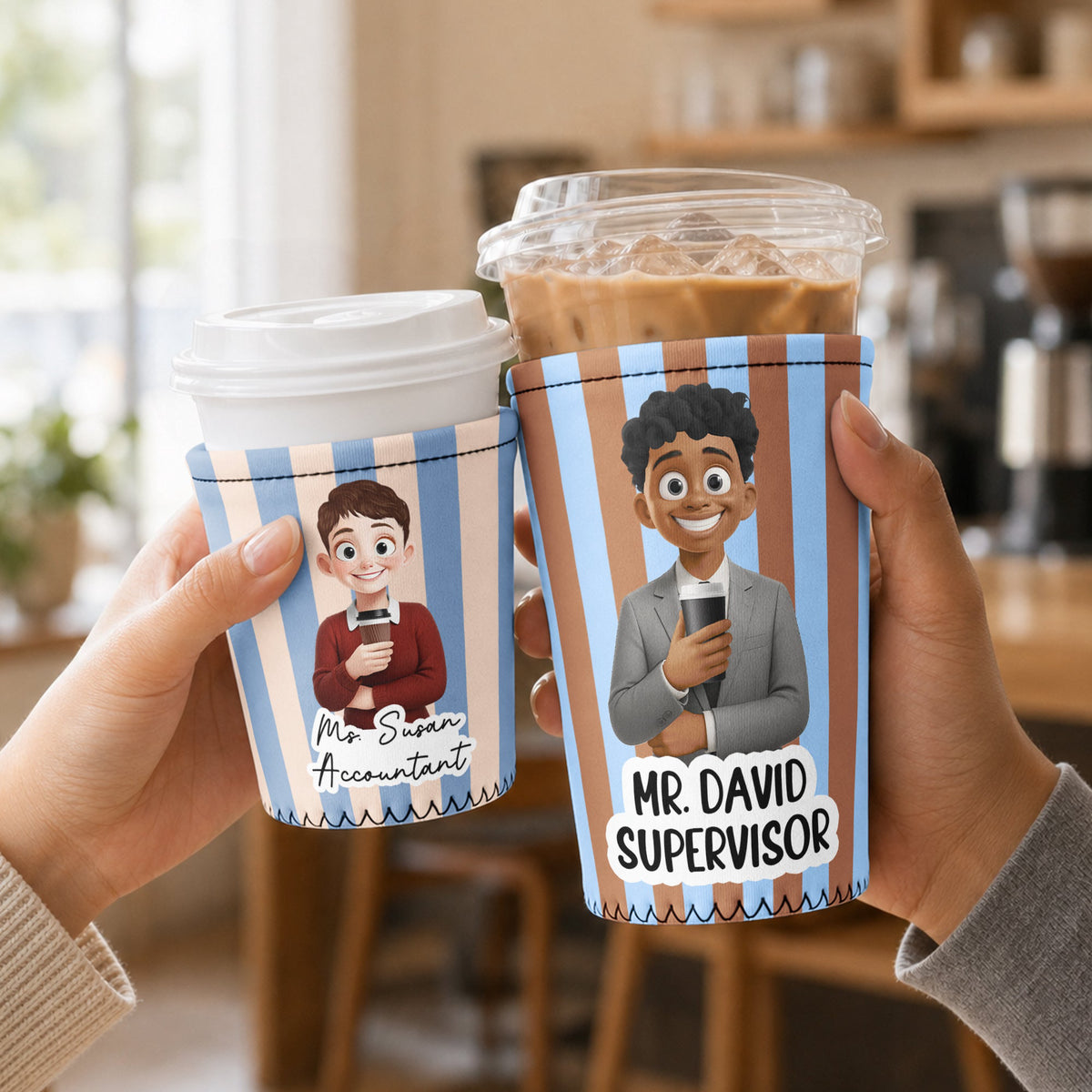 Custom Character For Teacher, Coworker, Boss With Name - Personalized Iced Coffee Sleeve