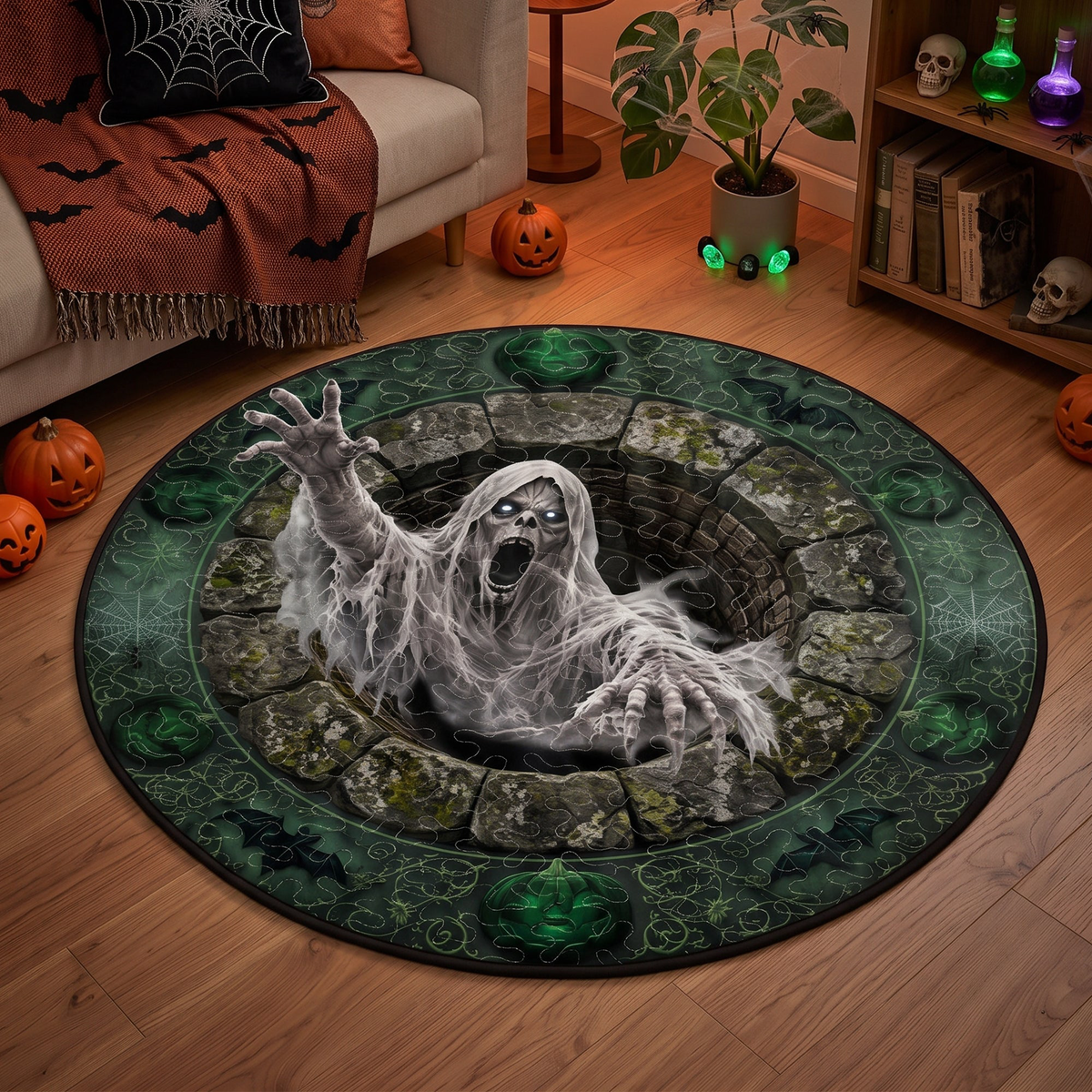 Custom Character Optical Illusion Round Rug, Halloween Floor Mat Spooky Pumpkin Hole Carpet, Scary Bottomless Pit Home Decor Halloween Party Rug - Personalized Quilted Mat