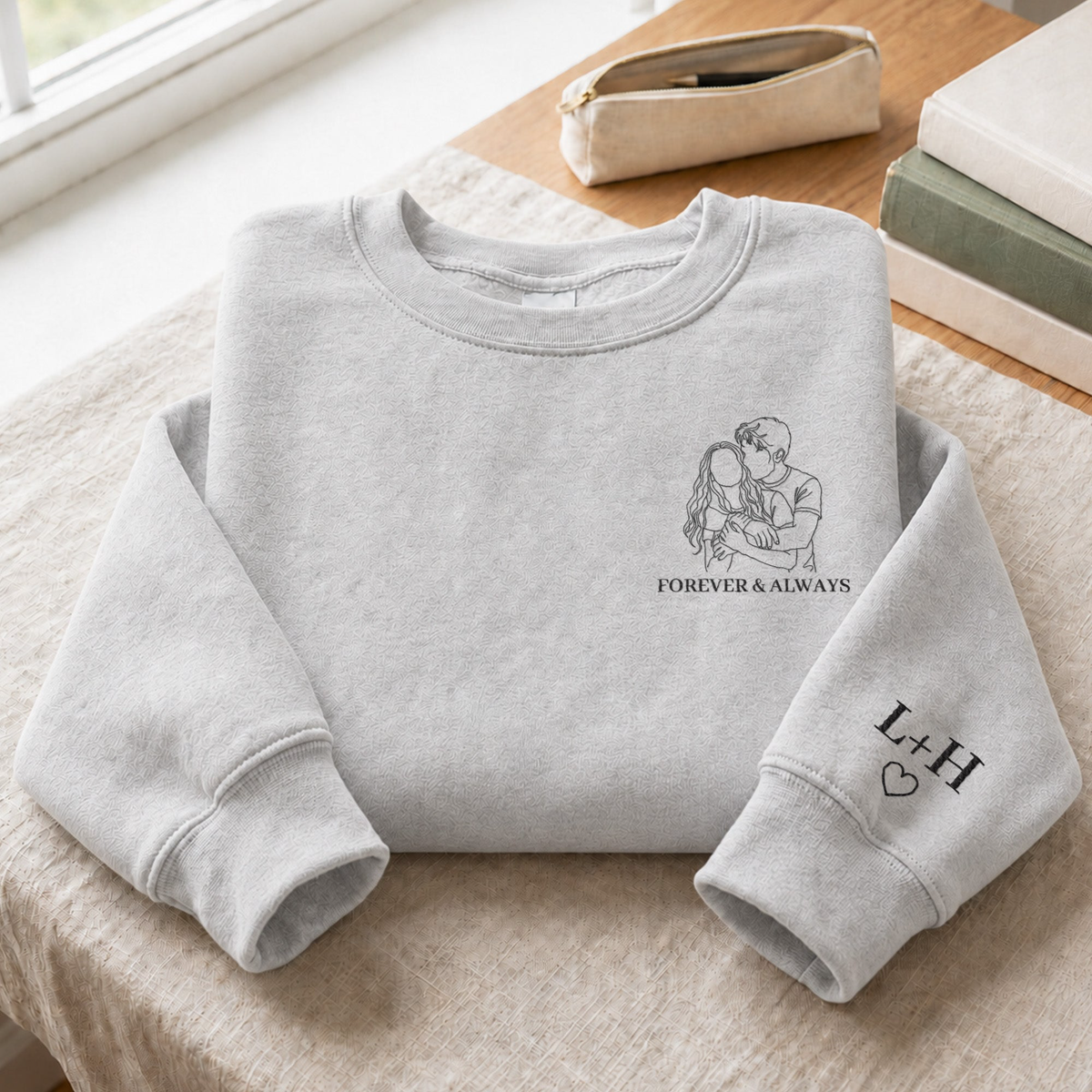 Custom Couple Photo Line Art Matching Embroidered Shirt Sweatshirt - Personalized Shirt