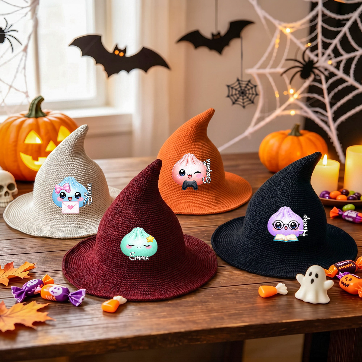 Custom Name Cute Dumplings, Gift For Trick Or Treaters - Personalized Witch Hat