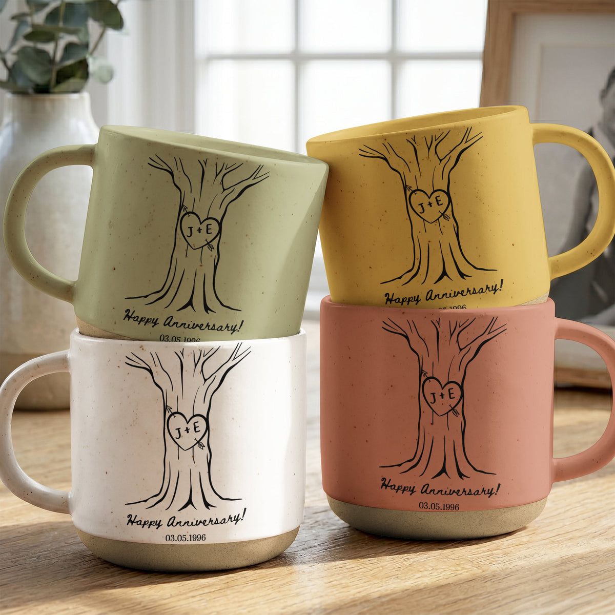 Custom Name & Date Pottery Mug For Couples Anniversary Gifts - Personalized Mug