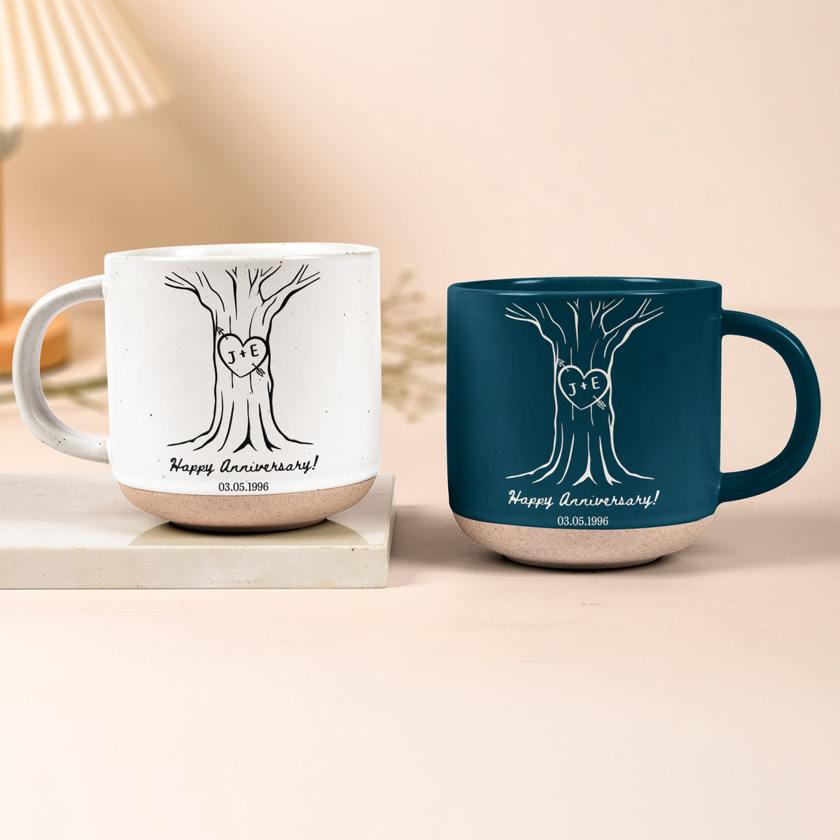 Custom Name & Date Pottery Mug For Couples Anniversary Gifts - Personalized Mug