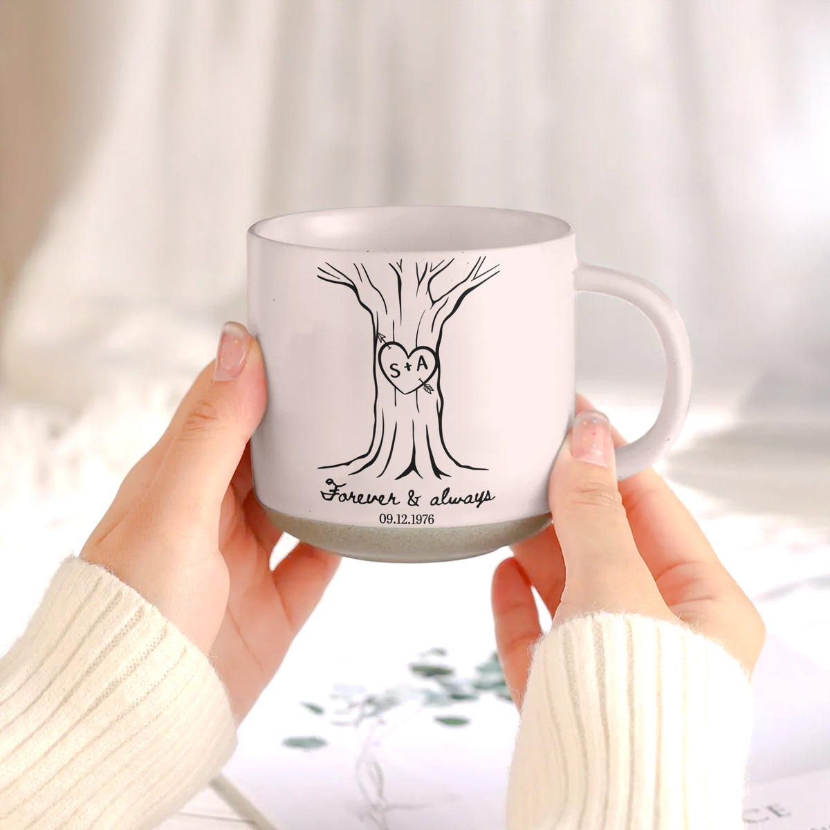 Custom Name & Date Pottery Mug For Couples Anniversary Gifts - Personalized Mug