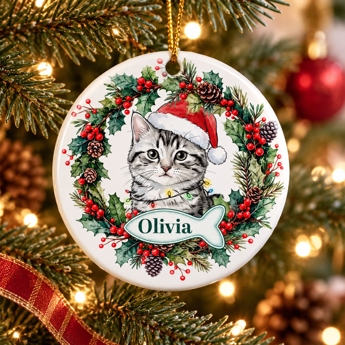 Custom Pet Portrait Christmas Watercolor Art - Personalized Ornament