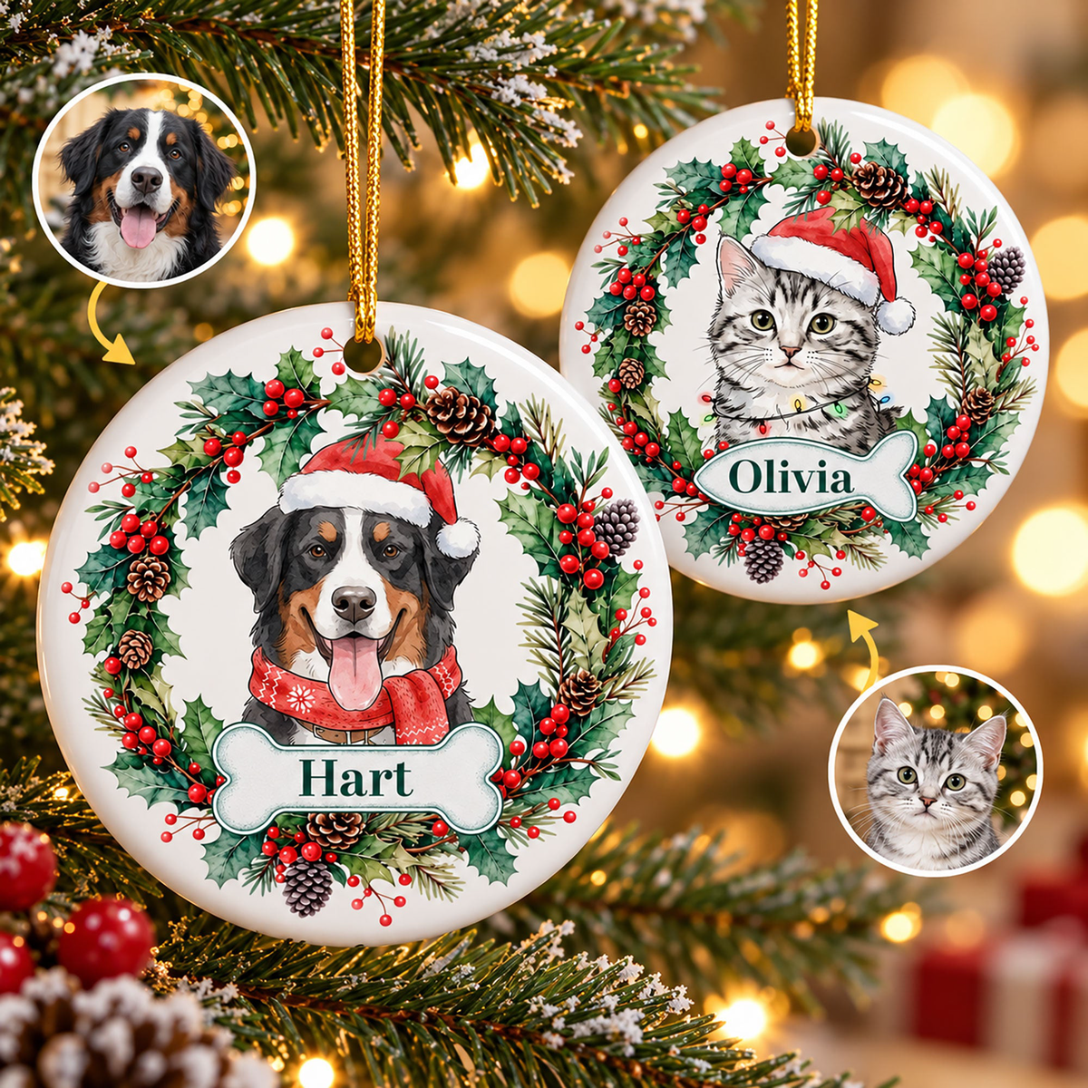 Custom Pet Portrait Christmas Watercolor Art - Personalized Ornament