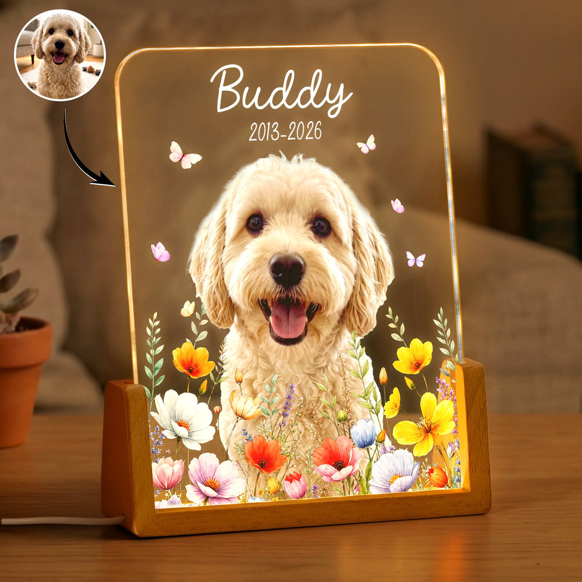 Custom Pet Portrait Floral Memorial Gift For Pet Owners - Personalized Night Light