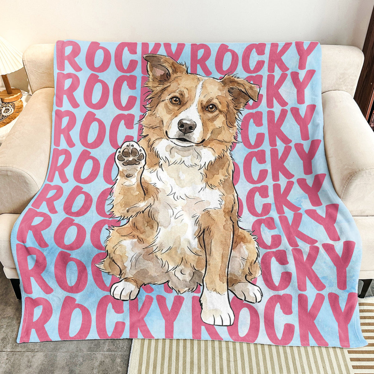 Custom Pet Portrait & Name Watercolor Style - Personalized Blanket