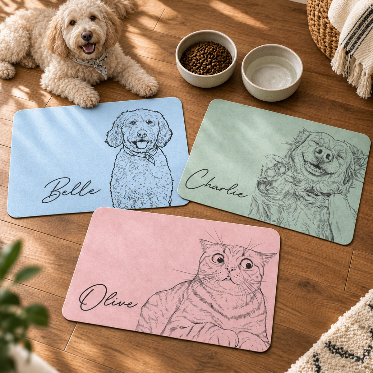 Custom Pet Portrait Sketch Line Art Gift For Pet Lovers - Personalized Pet Feeding Mat