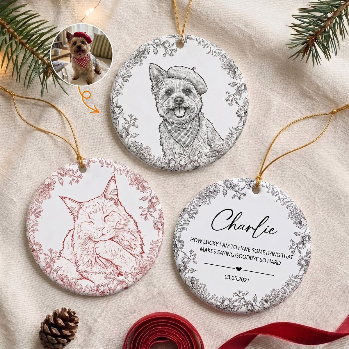 Custom Pet Portrait Sketch Line Art Memorial Christmas Gifts - Personalized Ornament
