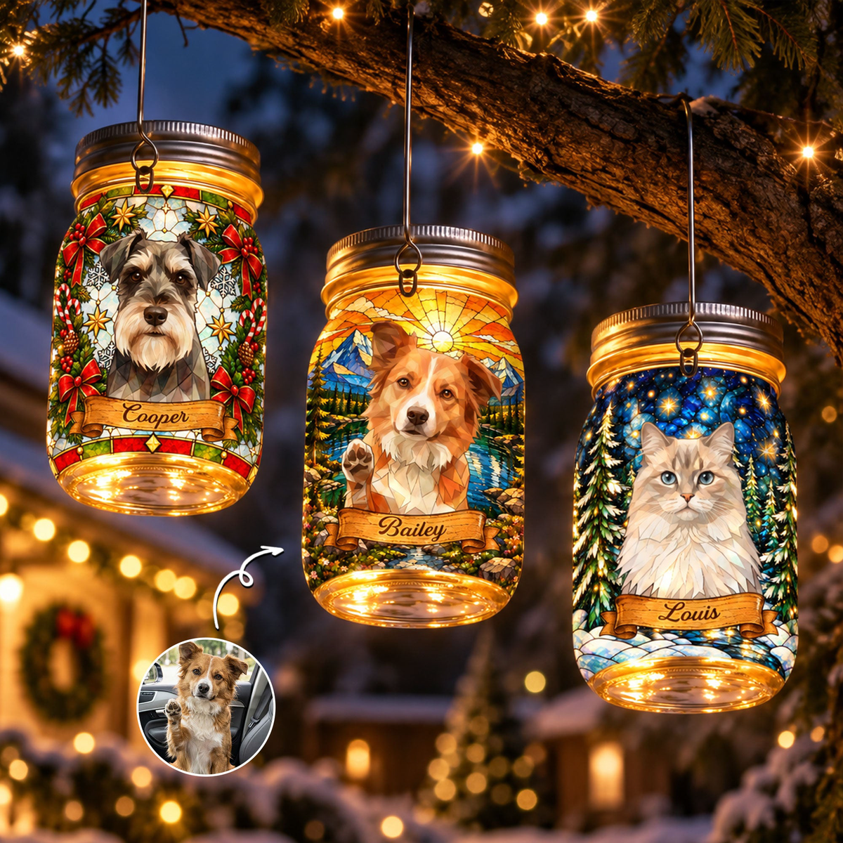 Custom Pet Portrait Stained Glass Art Pet Lovers Gifts Pet Loss Gifts - Personalized Solar Mason Jar Light
