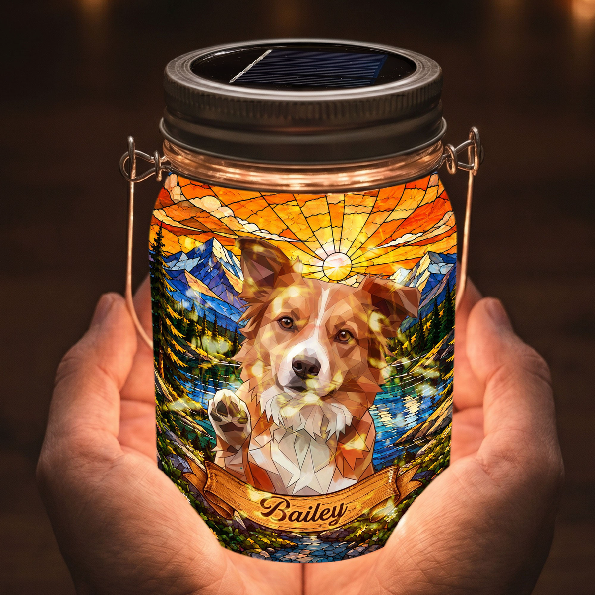 Custom Pet Portrait Stained Glass Art Pet Lovers Gifts Pet Loss Gifts - Personalized Solar Mason Jar Light