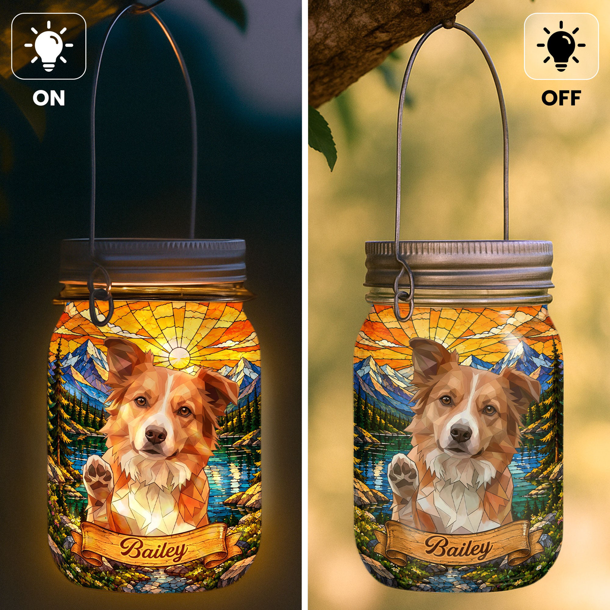 Custom Pet Portrait Stained Glass Art Pet Lovers Gifts Pet Loss Gifts - Personalized Solar Mason Jar Light
