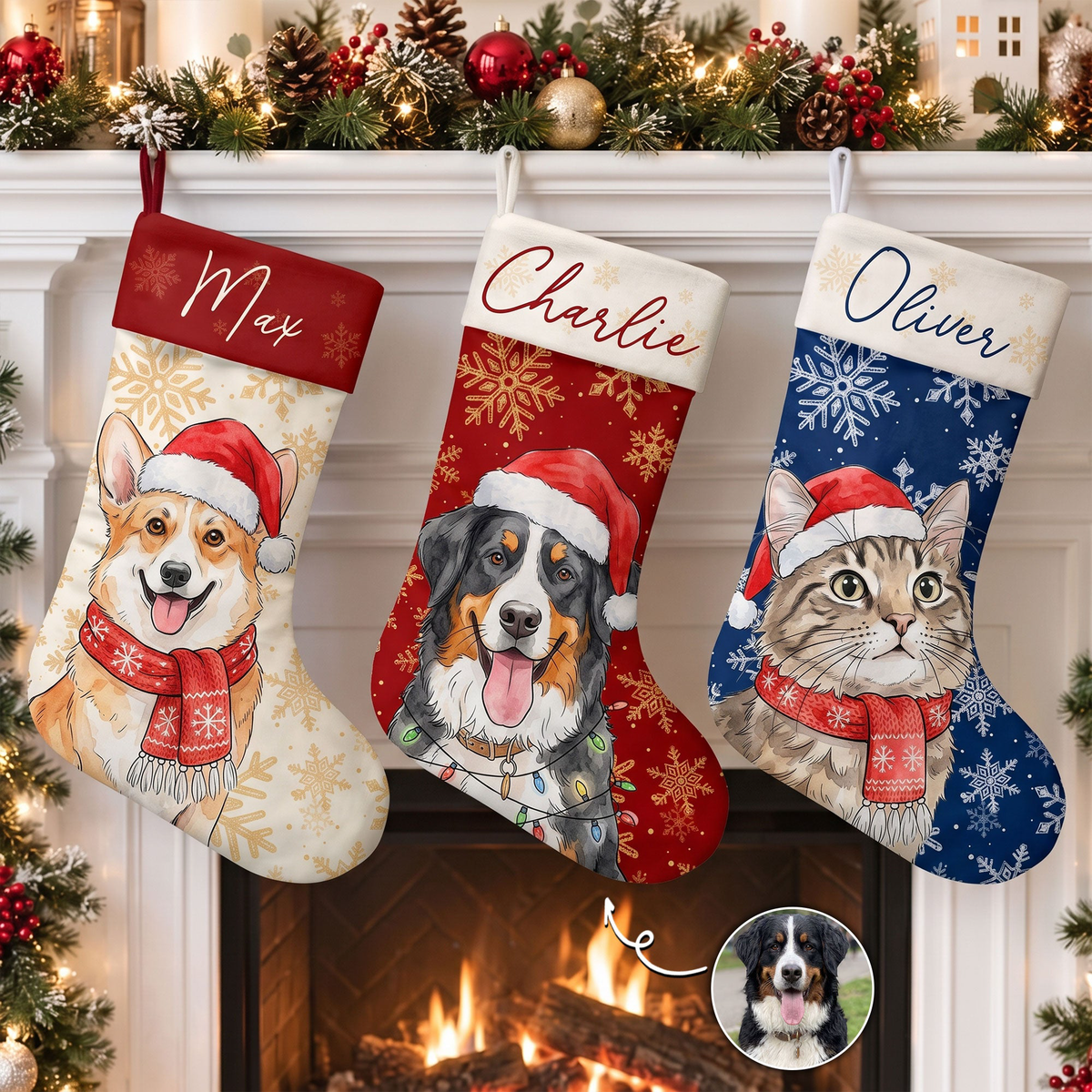 Custom Pet Portrait Watercolor Art Snowflake Christmas - Personalized Stocking