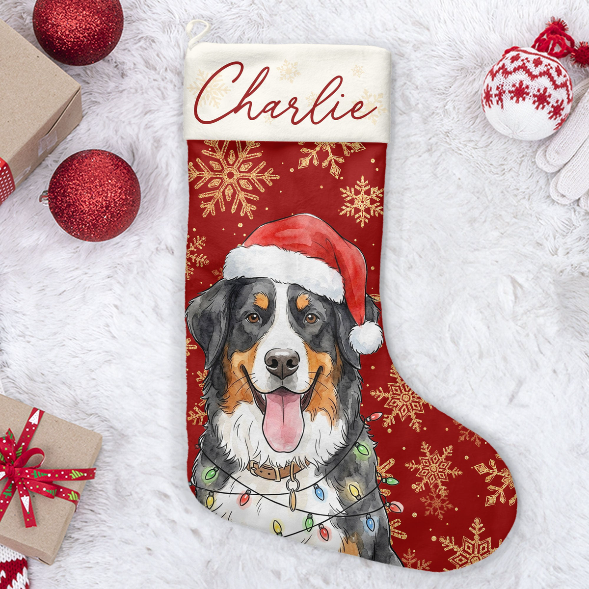 Custom Pet Portrait Watercolor Art Snowflake Christmas - Personalized Stocking