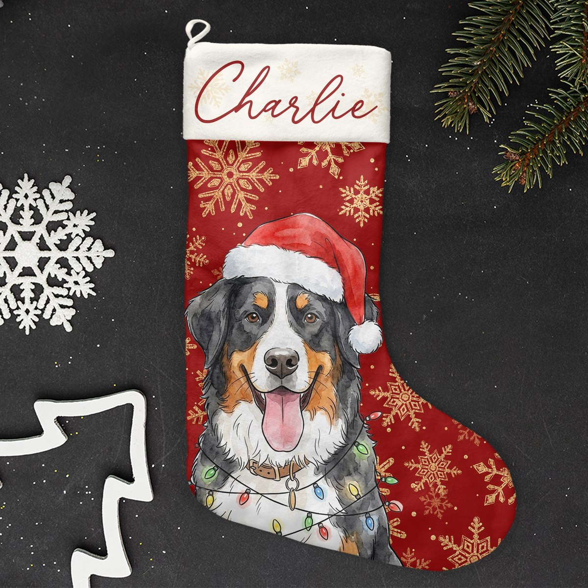 Custom Pet Portrait Watercolor Art Snowflake Christmas - Personalized Stocking