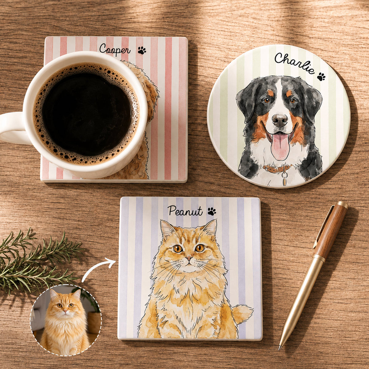 Custom Pet Portrait Watercolor Coaster Set For Pet Lovers, Family - Personalized Coaster