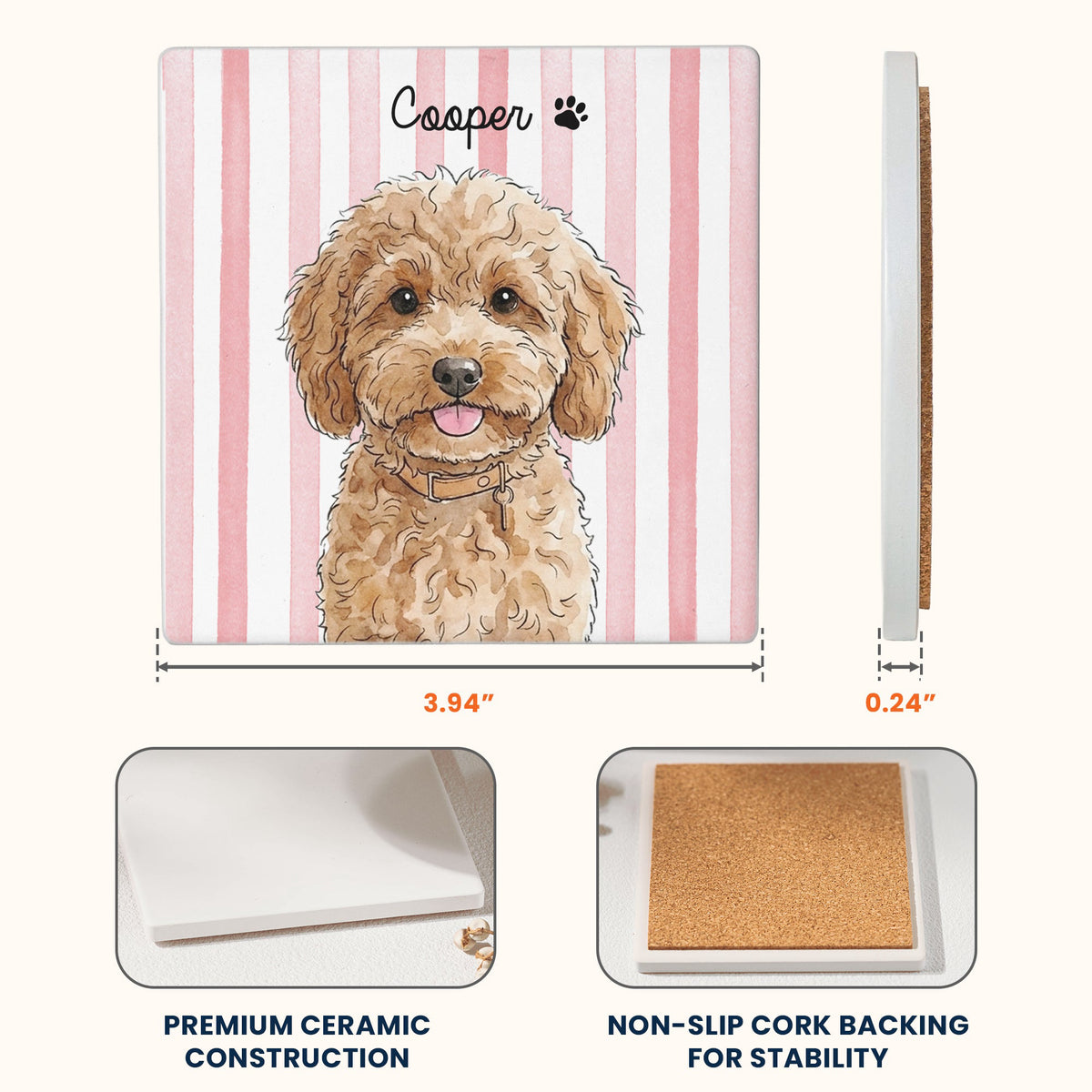 Custom Pet Portrait Watercolor Coaster Set For Pet Lovers, Family - Personalized Coaster