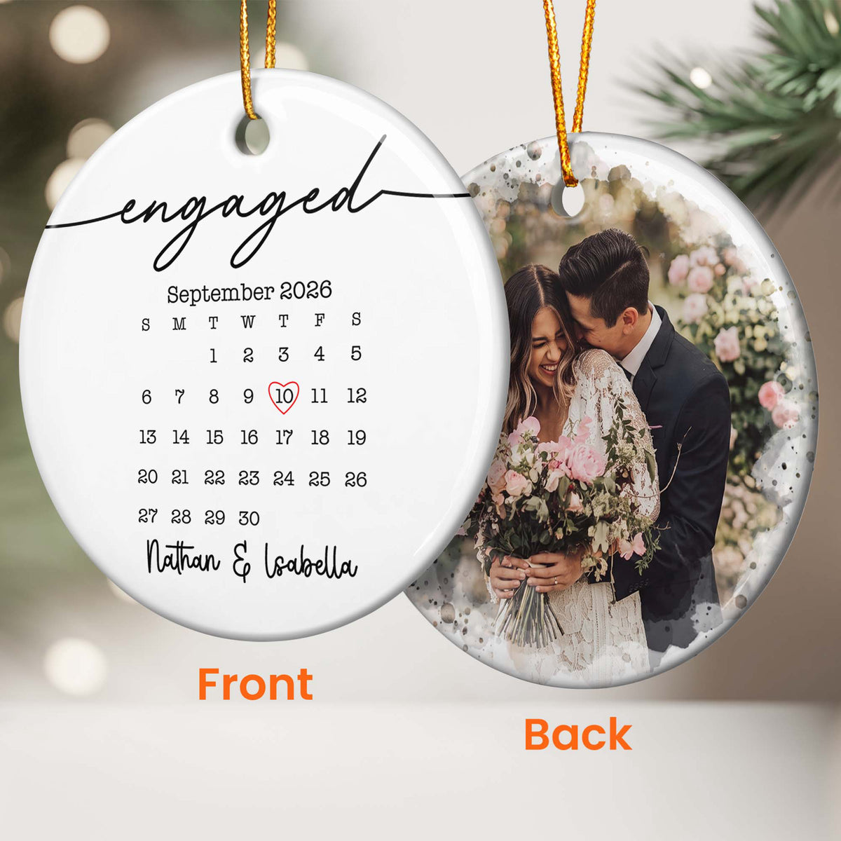 Custom Photo & Calendar Couple Engaged First Christmas Wedding Gifts - Personalized Ornament