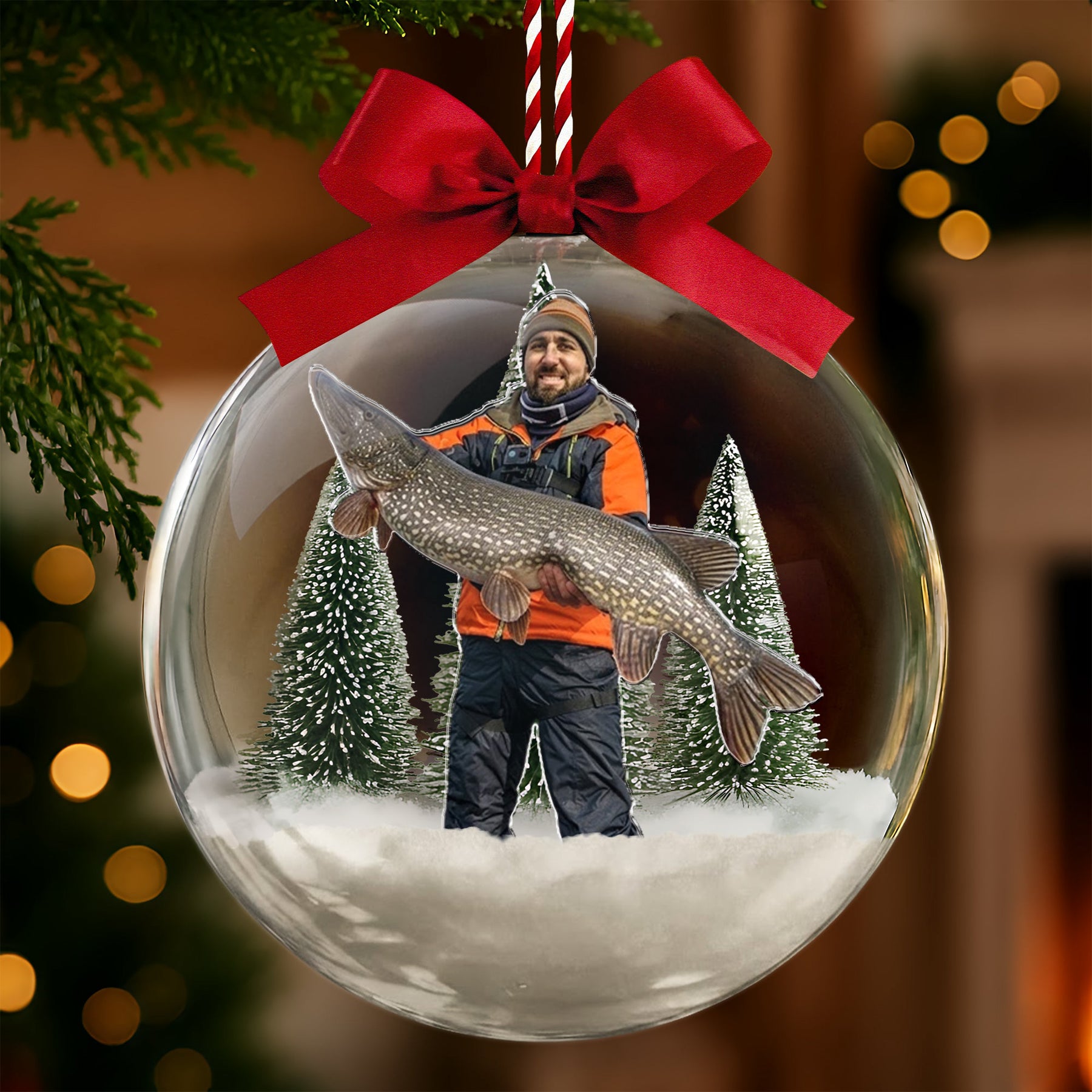 Custom Photo Fishing Lovers Snow Bauble, Fisherman Christmas Present, Gift For Husband Dad Grandpa - Personalized Ornament