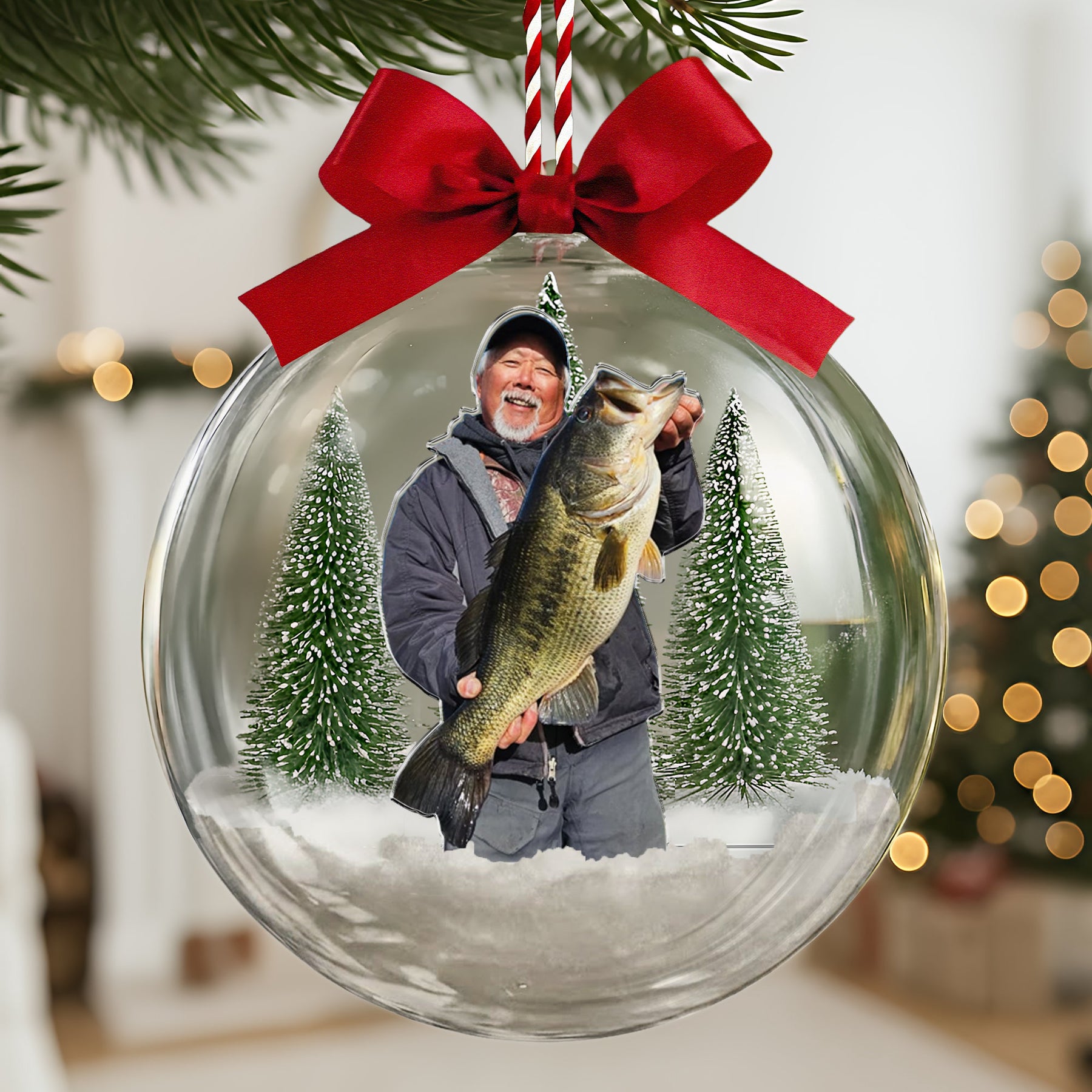 Custom Photo Fishing Lovers Snow Bauble, Fisherman Christmas Present, Gift For Husband Dad Grandpa - Personalized Ornament