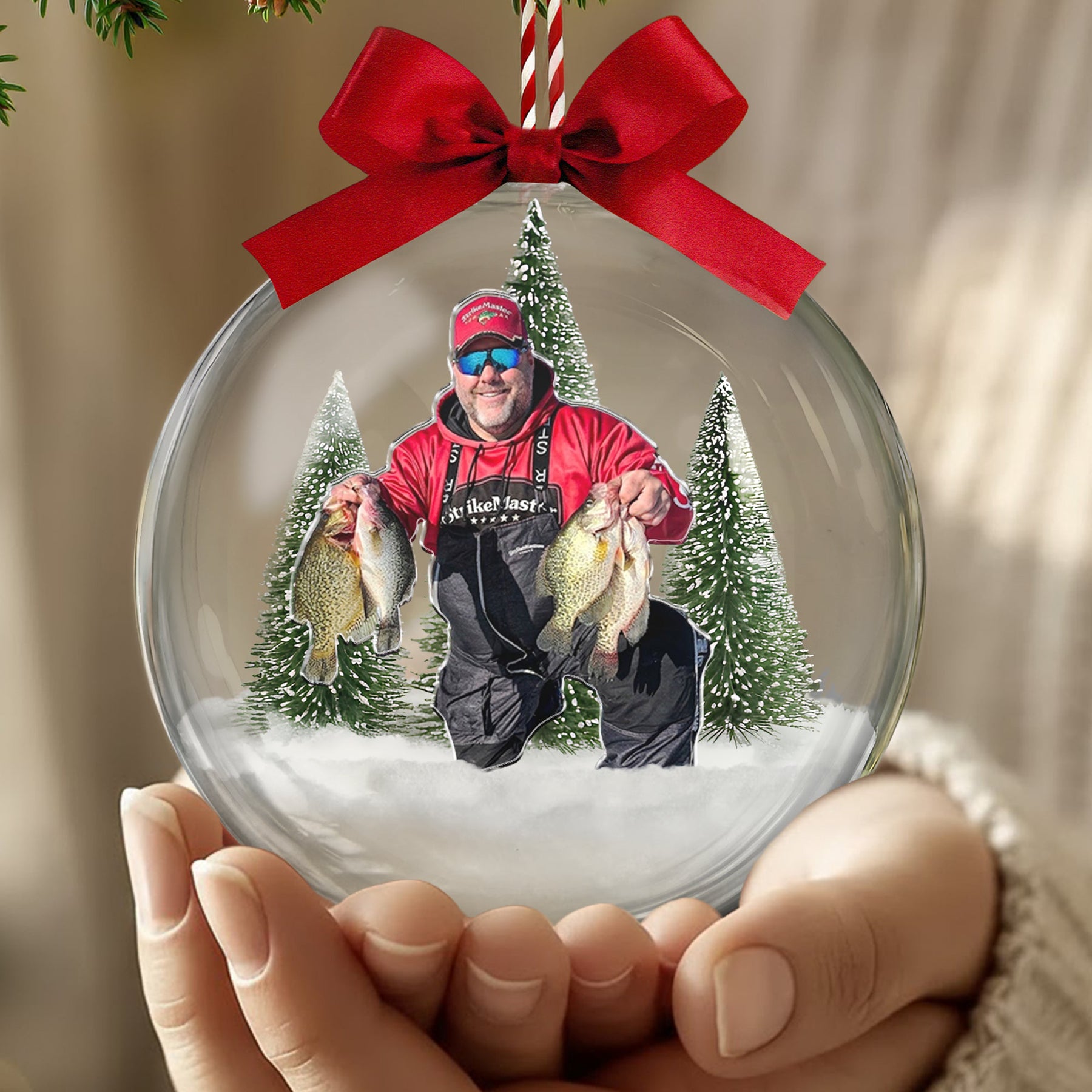 Custom Photo Fishing Lovers Snow Bauble, Fisherman Christmas Present, Gift For Husband Dad Grandpa - Personalized Ornament