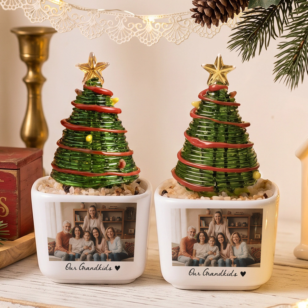 Custom Photo Moments With Family, Friends, Grandparents - Glass Christmas Tree - Personalized Plant Pot